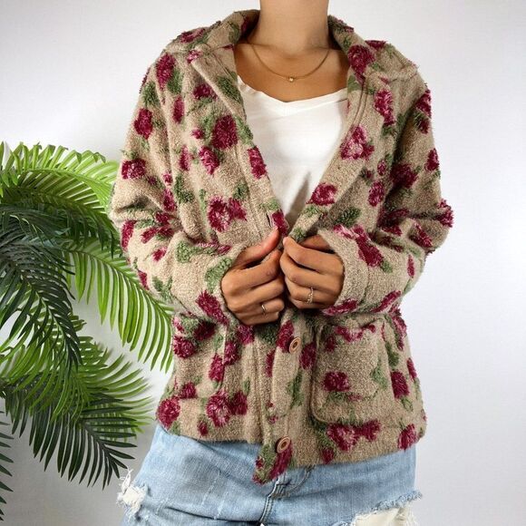 Vintage 90s L.L. Bean Floral Cottagecore Grandma Knit Sweater Winter Cardigan /M - Picture 5 of 6